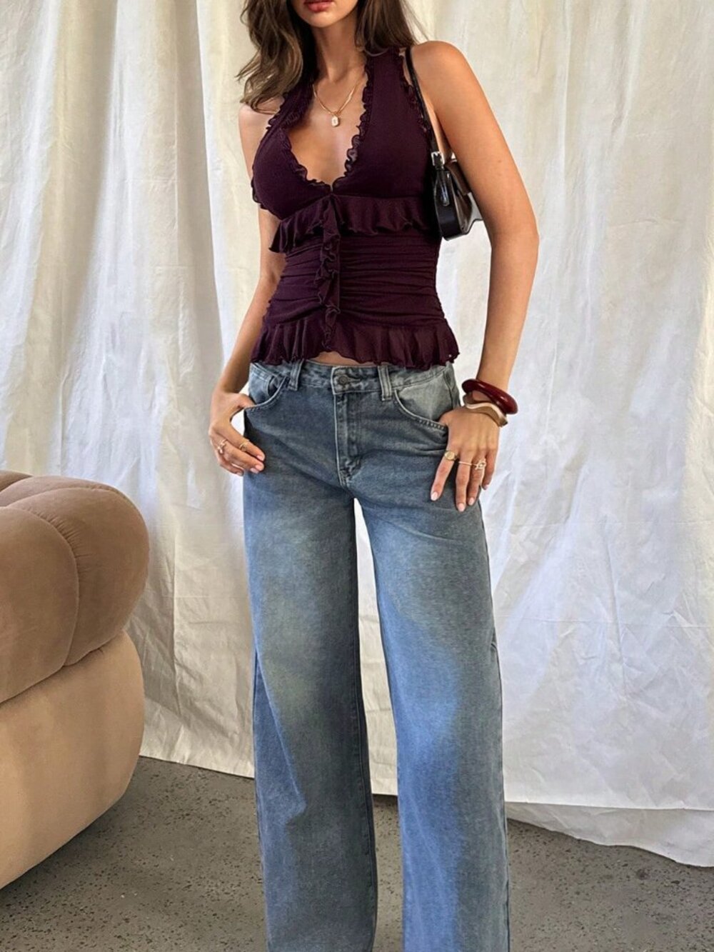 Purple Y2K Romantic Women's Ruffle V-Neck Sleeveless Knit Tank Top - Picture 5 of 7